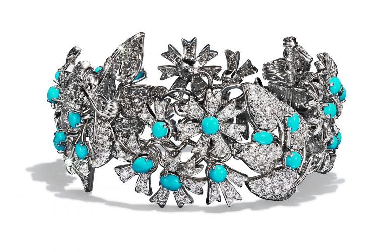 蒂芙尼BLUE BOOK高级珠宝JEAN SCHLUMBERGER铂金镶嵌绿松石及钻石花架造型手镯