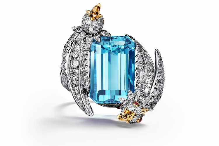 蒂芙尼SCHLUMBERGER™高级珠宝铂金及18K黄金镶嵌海蓝宝石，钻石及粉色蓝宝石”石上鸟”戒指