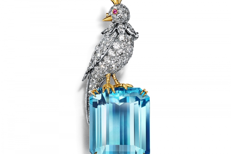 蒂芙尼SCHLUMBERGER™高级珠宝铂金及18K黄金镶嵌海蓝宝石，钻石及粉色蓝宝石”石上鸟”胸针