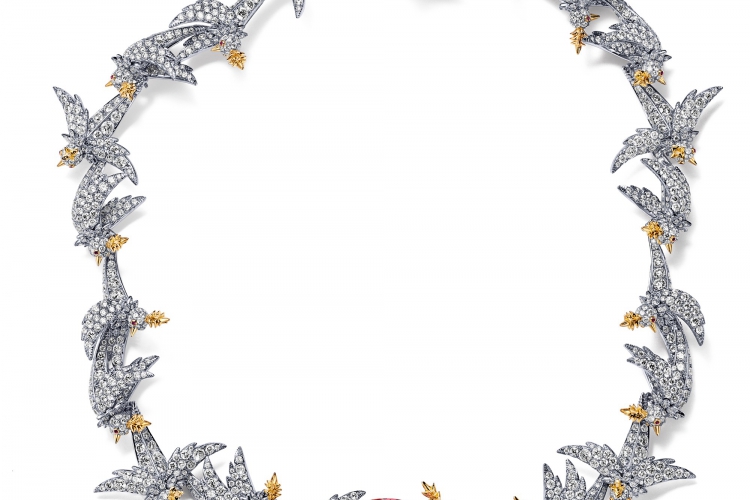 蒂芙尼SCHLUMBERGER™高级珠宝18K黄金及铂金镶嵌摩根石，钻石及粉色蓝宝石“石上鸟”项链