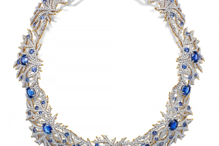 蒂芙尼BLUE BOOK高级珠宝2023 BLUE BOOK铂金及18K黄金镶嵌未经优化处理蓝宝石，蓝宝石及钻石项链