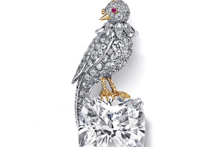 蒂芙尼史隆伯杰系列铂金及18K黄金镶嵌一颗重逾22克拉的钻石，粉色蓝宝石及钻石“石上鸟”胸针