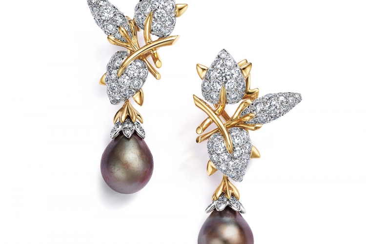 蒂芙尼史隆伯杰系列18K黄金及铂金镶嵌灰色水滴形天然野生珍珠及钻石垂坠耳环