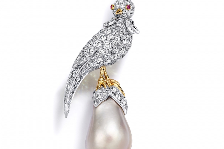 蒂芙尼史隆伯杰系列铂金及18K黄金镶嵌银色水滴形天然野生珍珠，钻石及红宝石胸针