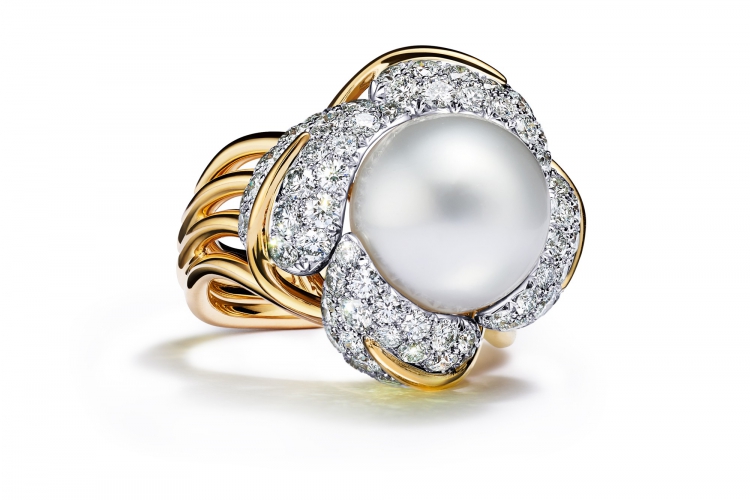 蒂芙尼史隆伯杰系列18K黄金及铂金镶嵌白色纽扣形天然野生珍珠及钻石树叶造型戒指