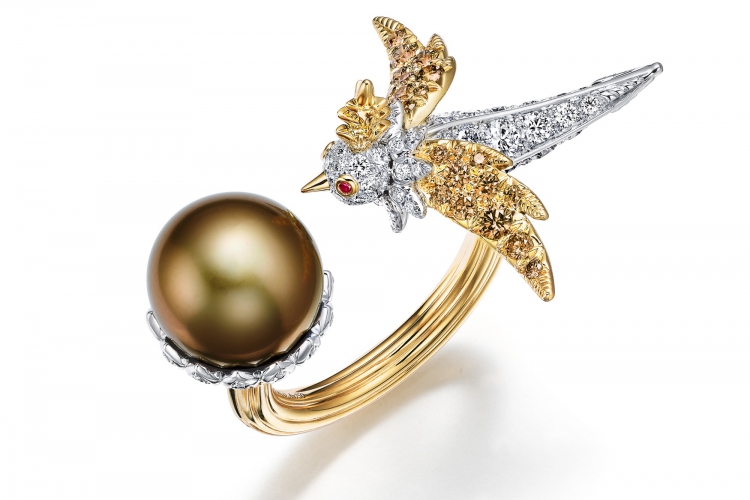 蒂芙尼史隆伯杰系列18K黄金及铂金镶嵌香槟色半巴洛克天然野生珍珠，香槟色钻石，钻石及红宝石戒指