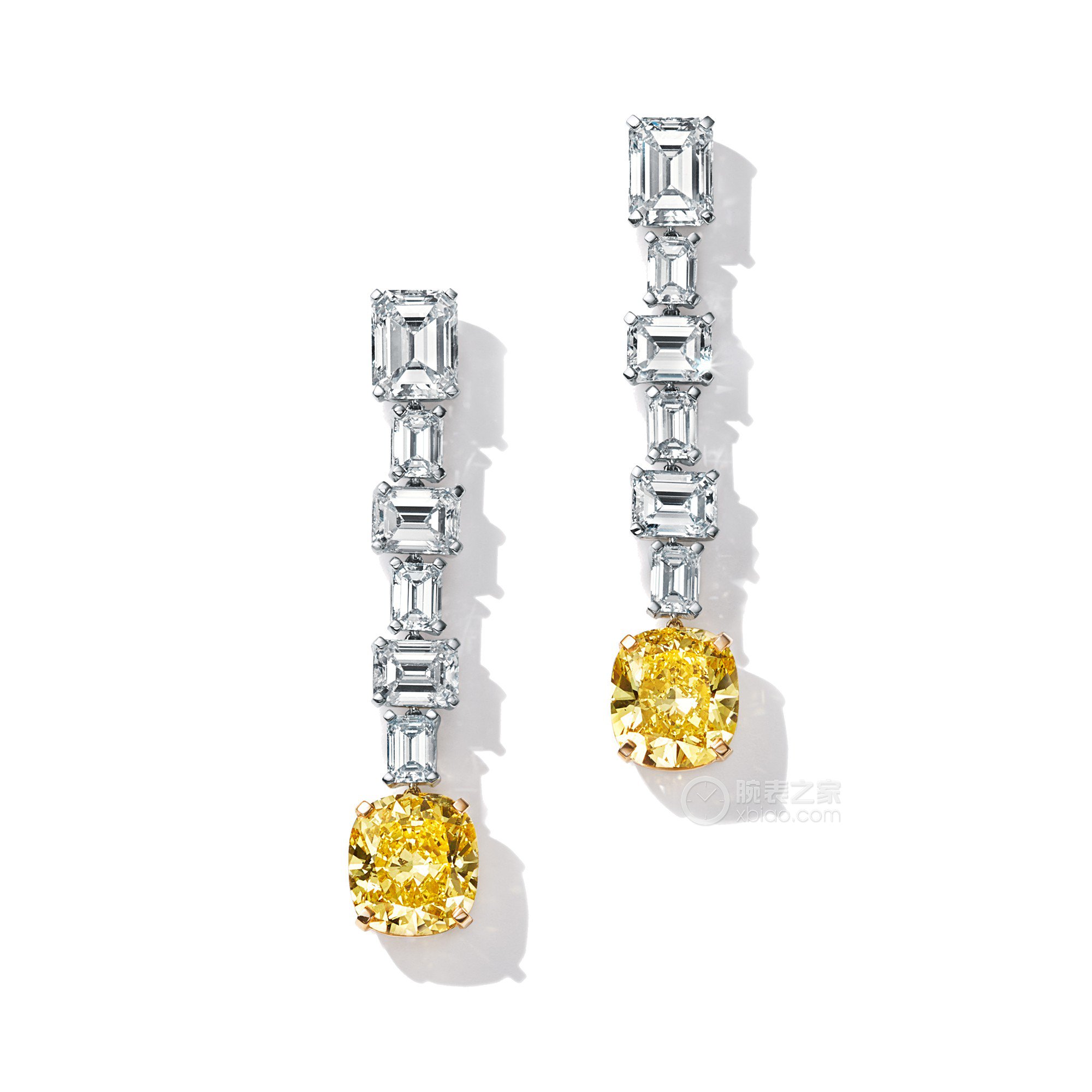 蒂芙尼铂金和18K黄金镶嵌白钻及艳彩黄钻耳环耳饰