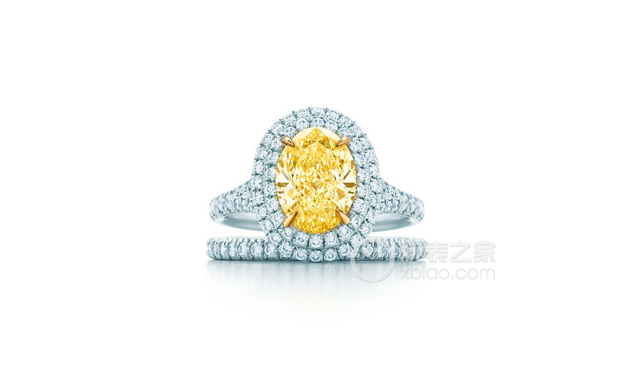 蒂芙尼订婚钻戒铂金镶嵌椭圆形黄钻边镶双层珠链式钻石订婚钻戒戒指