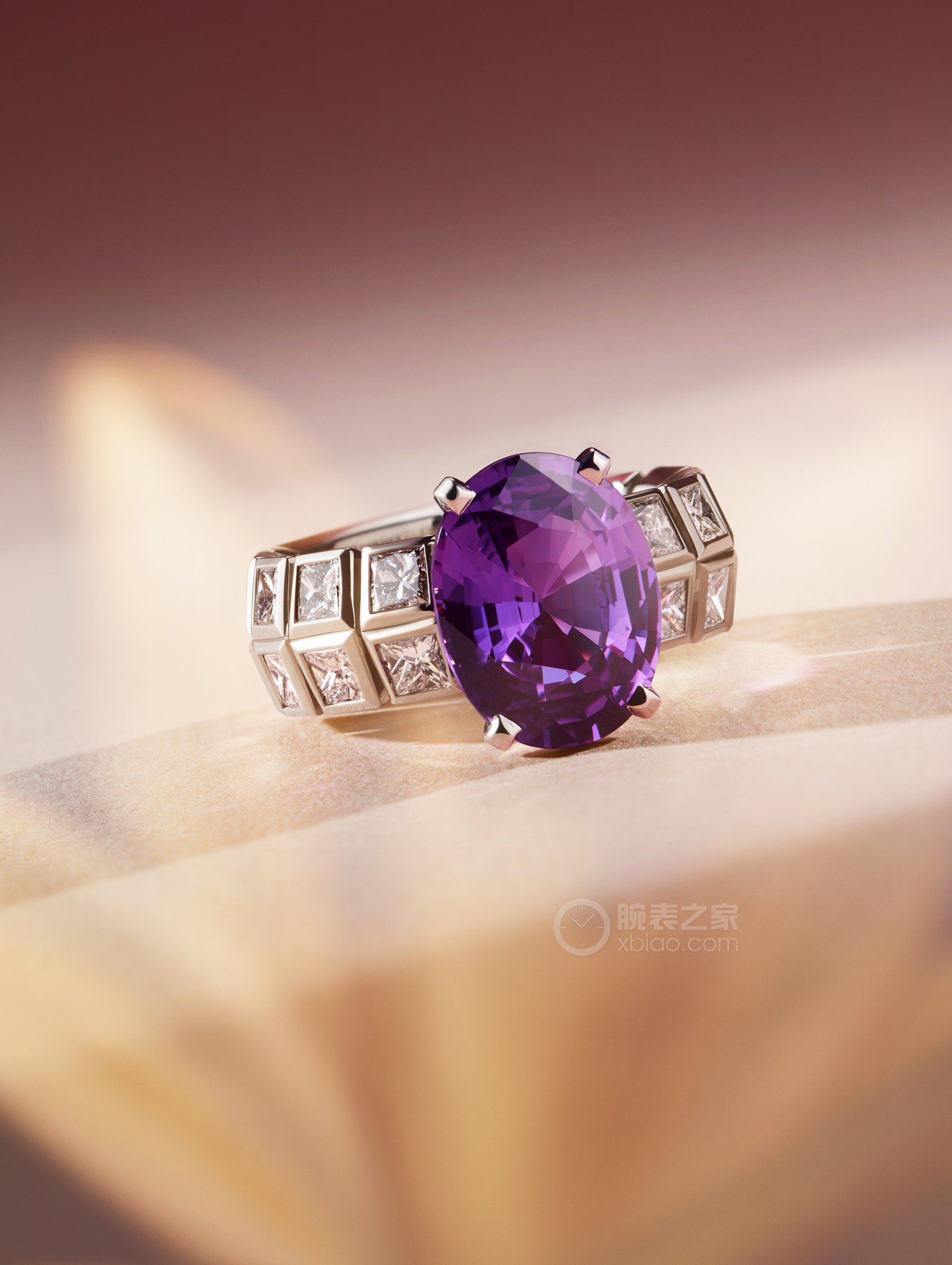 蒂芙尼BLUE BOOK高级珠宝18K白金镶嵌椭圆形紫色蓝宝石及公主方形切割钻石戒指戒指