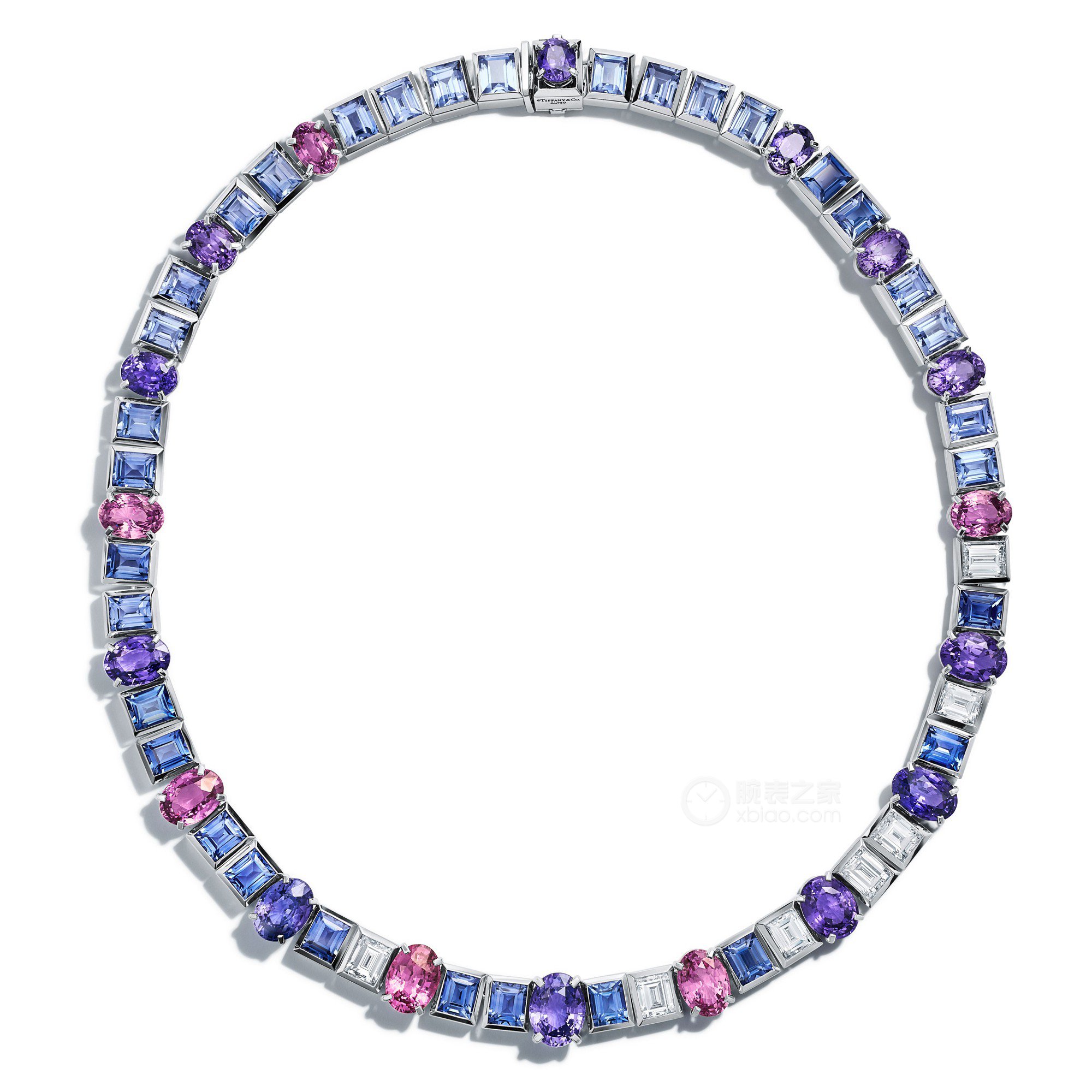 蒂芙尼BLUE BOOK高级珠宝18K白金镶嵌椭圆形粉色蓝宝石、椭圆形紫色蓝宝石、蓝色蓝宝石及钻石项链项链