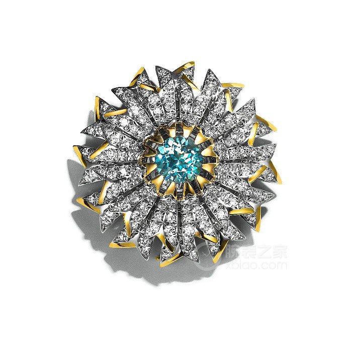 蒂芙尼BLUE BOOK高级珠宝铂金及18K黄金镶嵌圆形海蓝宝石及圆形明亮式钻石花朵造型胸针胸针