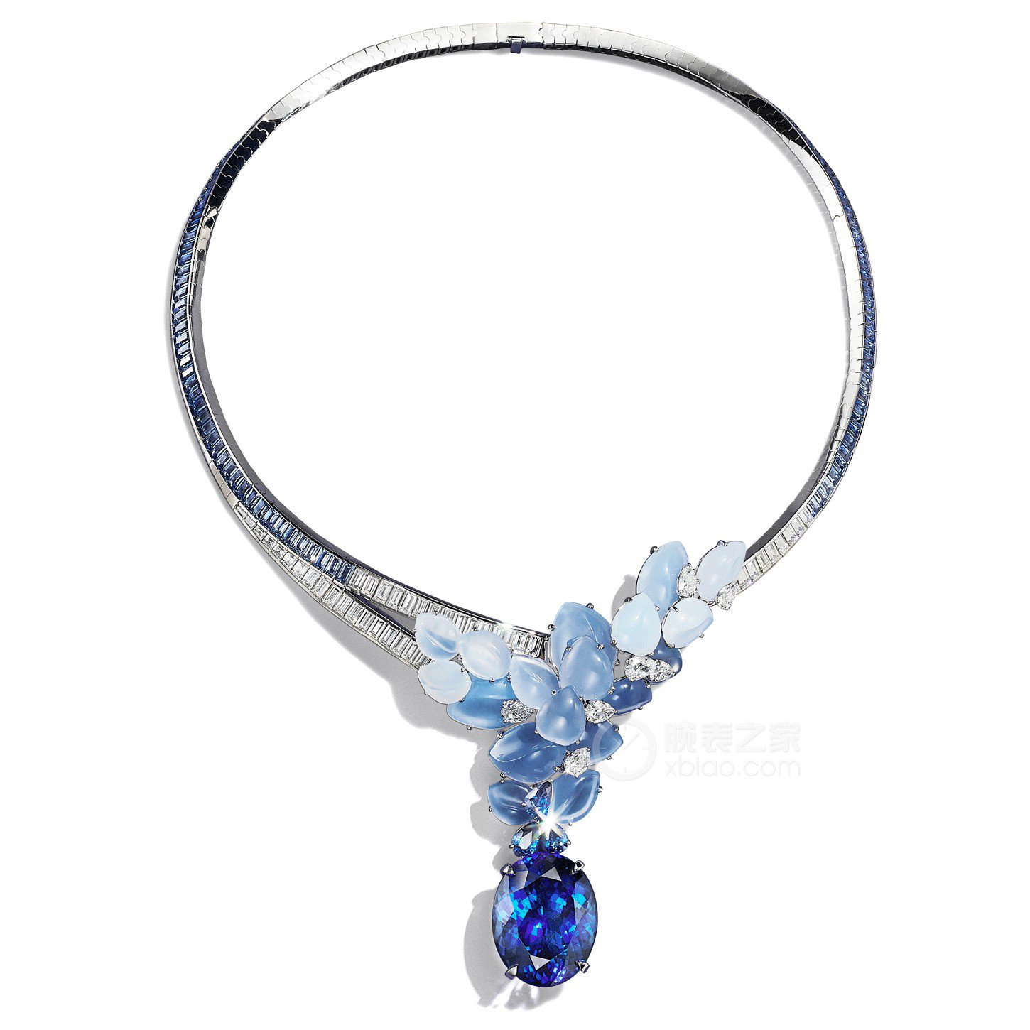 蒂芙尼BLUE BOOK高级珠宝铂金镶嵌坦桑石，手工雕刻蓝玉髓，蓝宝石及钻石项链项链
