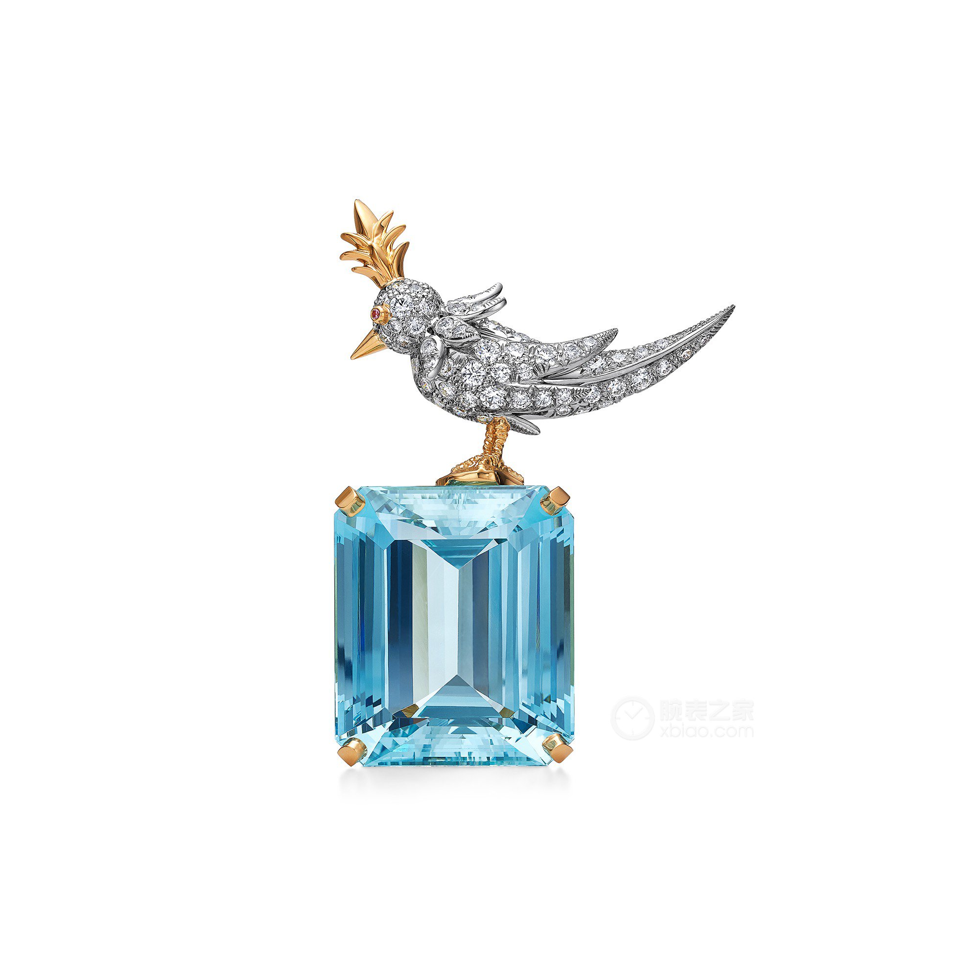 蒂芙尼SCHLUMBERGER™高级珠宝黄金及铂金镶嵌海蓝宝、钻石和粉红色蓝宝石“石上鸟”胸针胸针