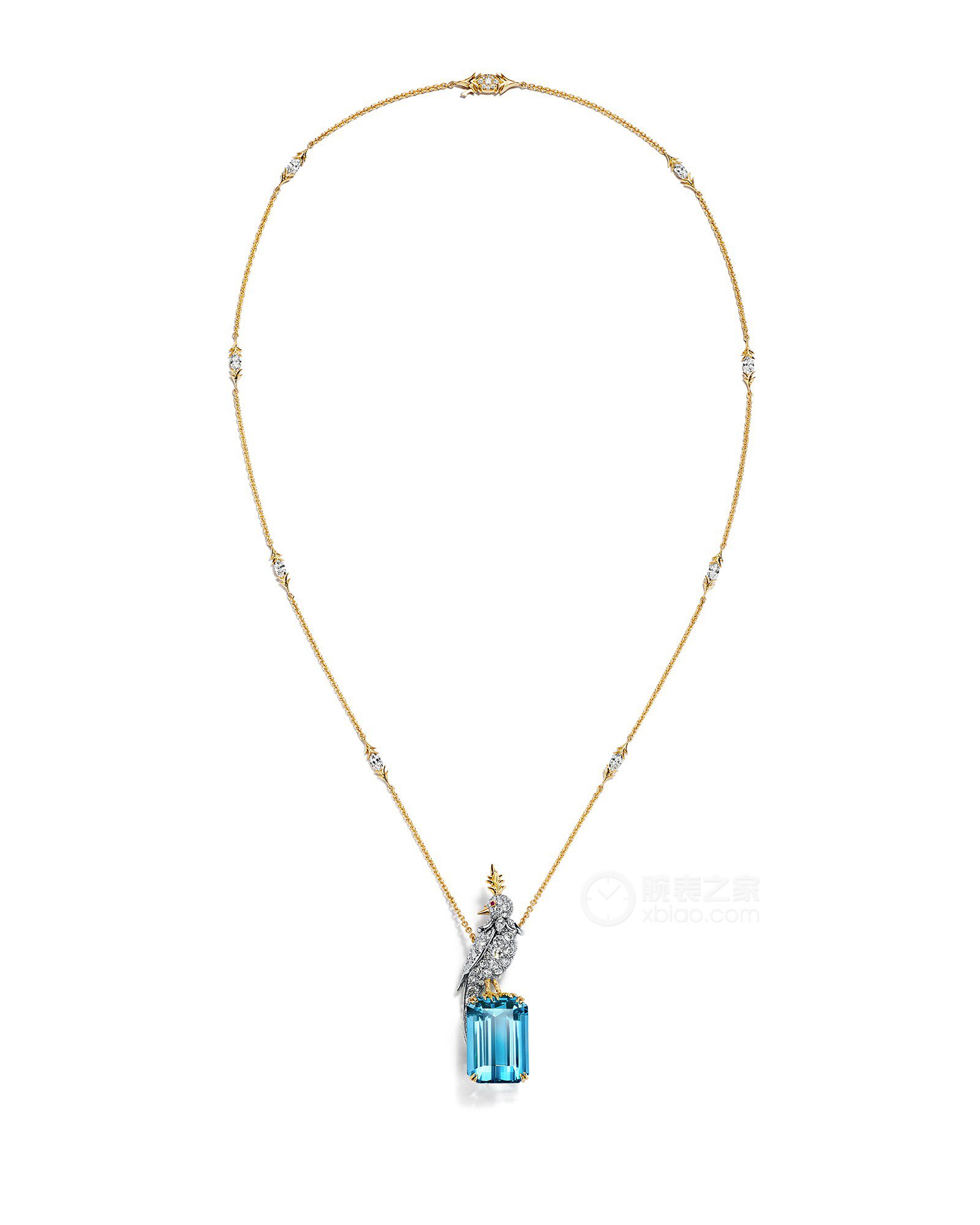 蒂芙尼SCHLUMBERGER™高级珠宝铂金及18K黄金镶嵌海蓝宝石，钻石及粉色蓝宝石”石上鸟”吊坠吊坠