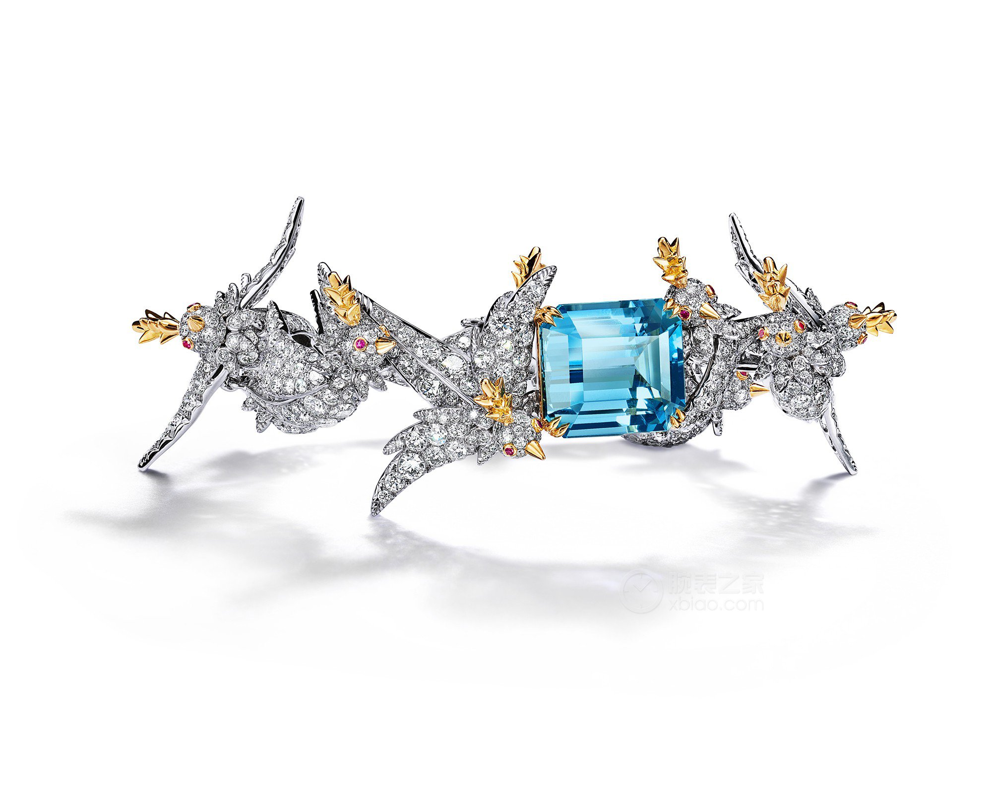 蒂芙尼SCHLUMBERGER™高级珠宝铂金及18K黄金镶嵌海蓝宝石，钻石及粉色蓝宝石”石上鸟”手镯手镯