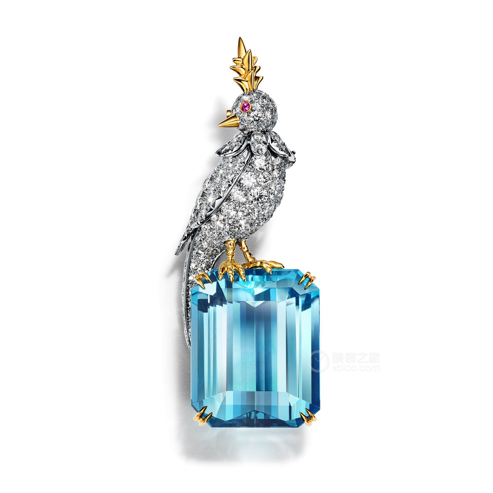 蒂芙尼SCHLUMBERGER™高级珠宝铂金及18K黄金镶嵌海蓝宝石，钻石及粉色蓝宝石”石上鸟”胸针胸针