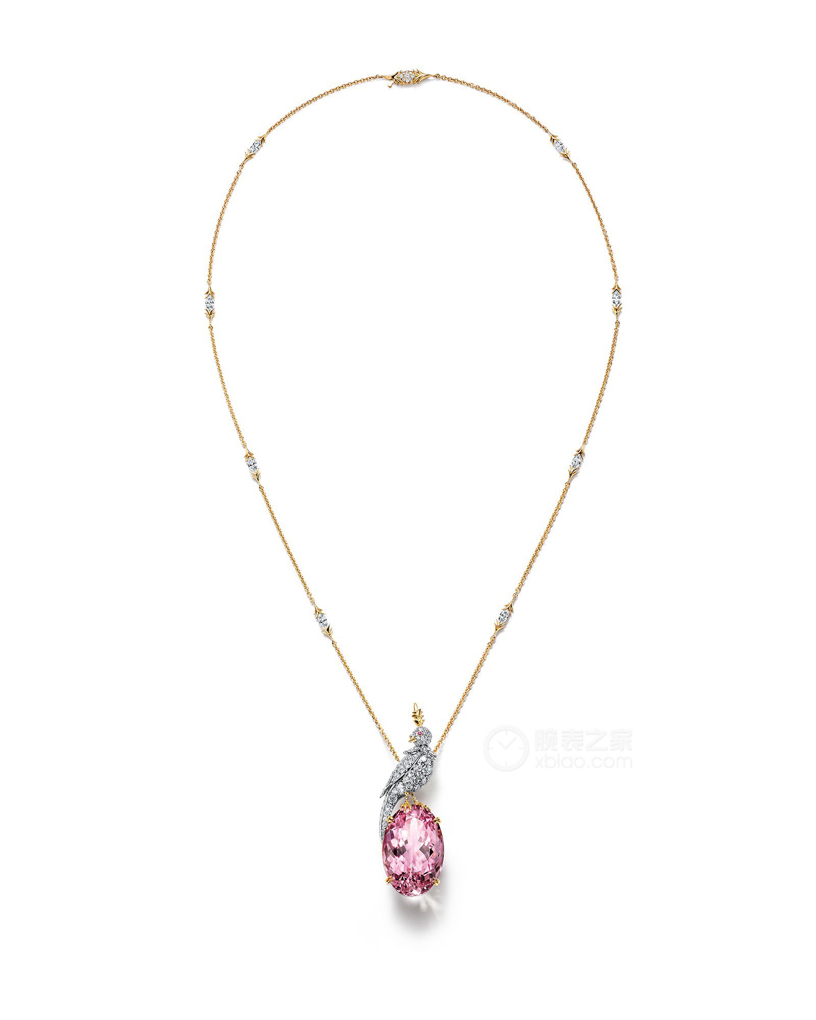 蒂芙尼SCHLUMBERGER™高级珠宝18K黄金及铂金镶嵌摩根石，钻石及粉色蓝宝石“石上鸟”吊坠吊坠