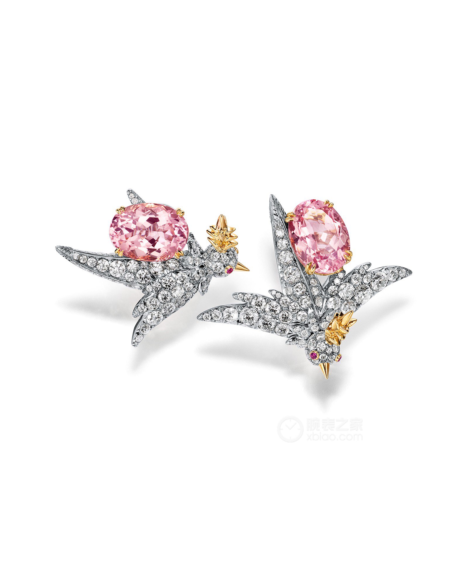蒂芙尼SCHLUMBERGER™高级珠宝18K黄金及铂金镶嵌摩根石，钻石及粉色蓝宝石“石上鸟”耳环耳饰