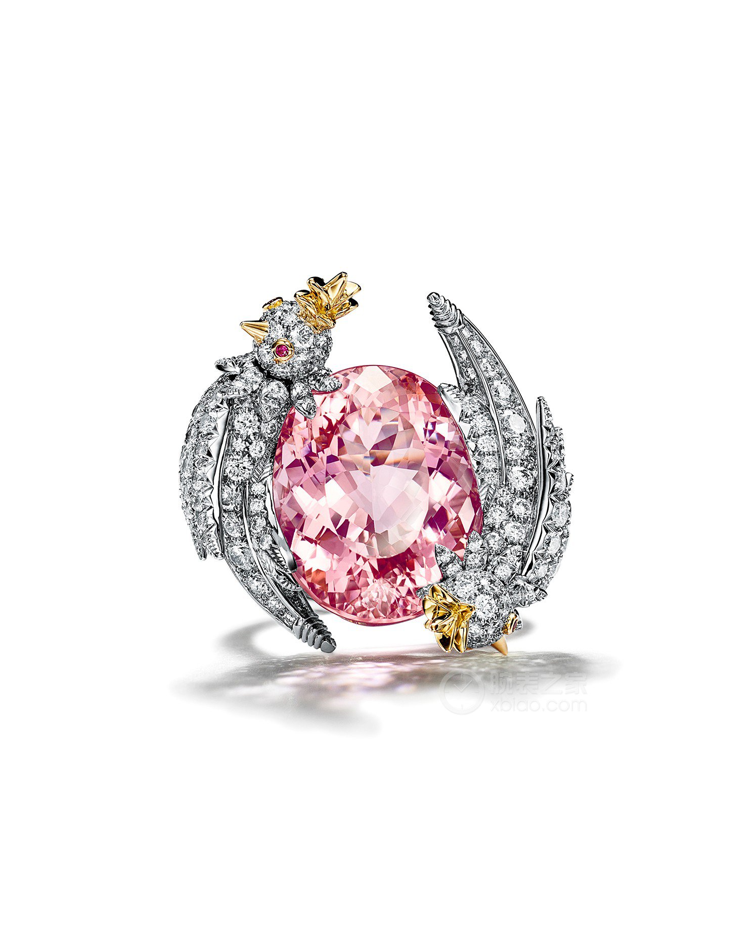 蒂芙尼SCHLUMBERGER™高级珠宝18K黄金及铂金镶嵌摩根石，钻石及粉色蓝宝石“石上鸟”戒指戒指