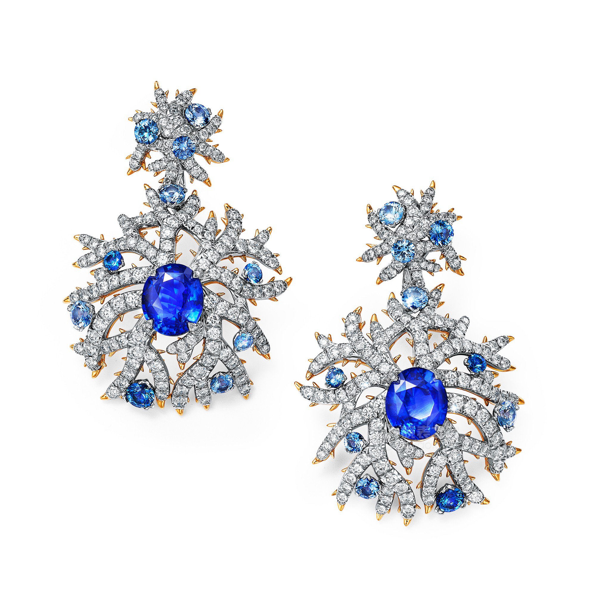 蒂芙尼BLUE BOOK高级珠宝铂金及18K黄金镶嵌未经优化处理蓝宝石，蓝宝石及钻石耳环耳饰