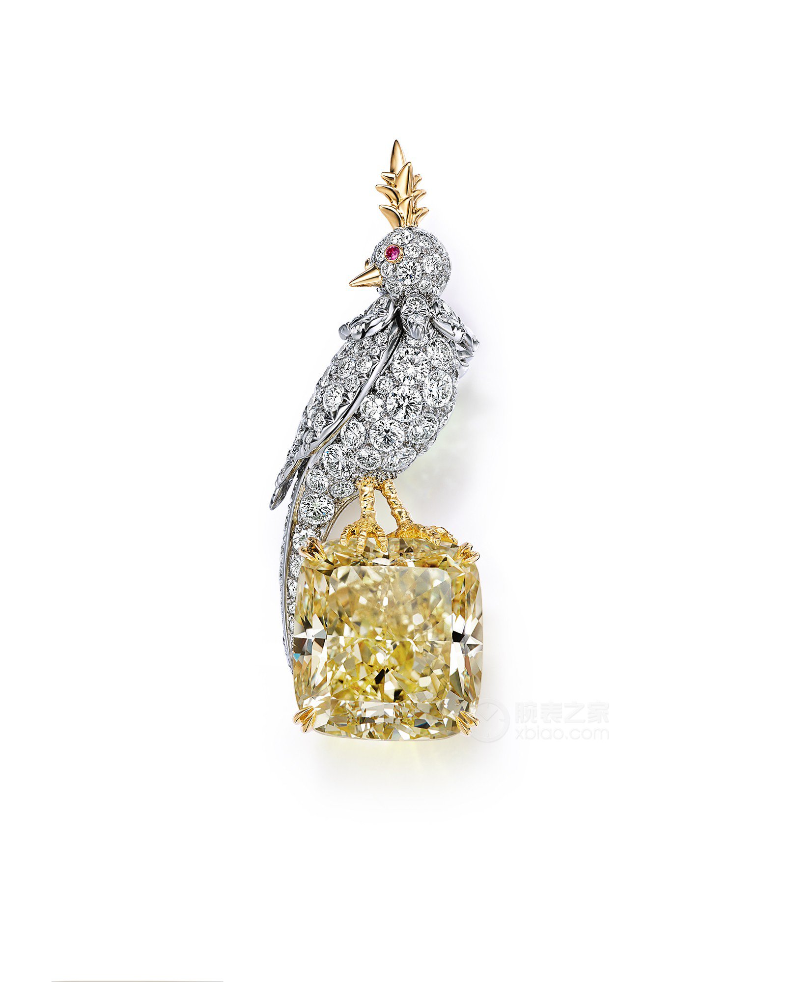 蒂芙尼史隆伯杰系列铂金及18K黄金镶嵌一颗重逾20克拉浓彩黄钻，粉色蓝宝石及钻石“石上鸟”胸针胸针