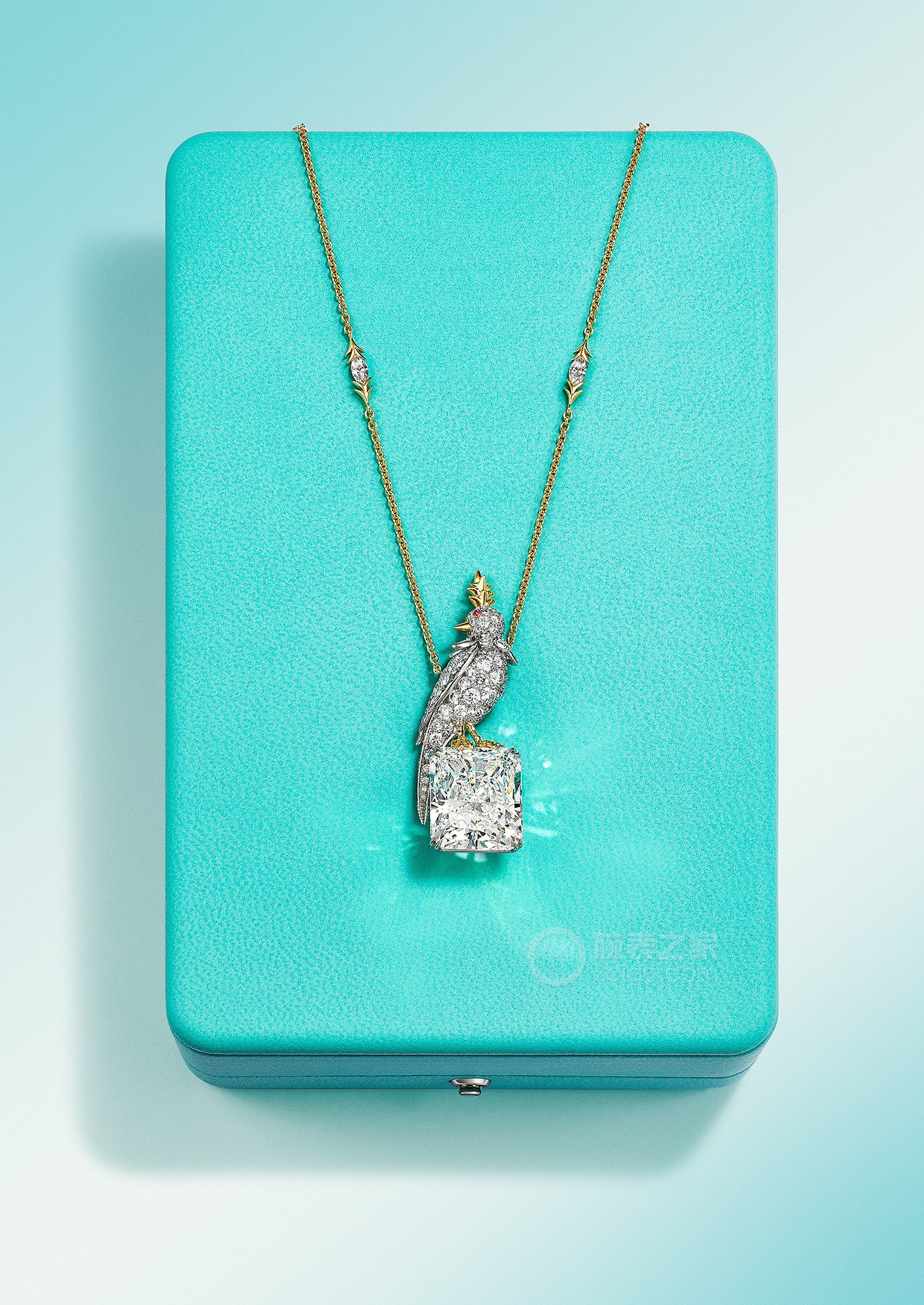 蒂芙尼史隆伯杰系列铂金及18K黄金镶嵌一颗重逾20克拉的钻石，粉色蓝宝石及钻石“石上鸟”项链项链