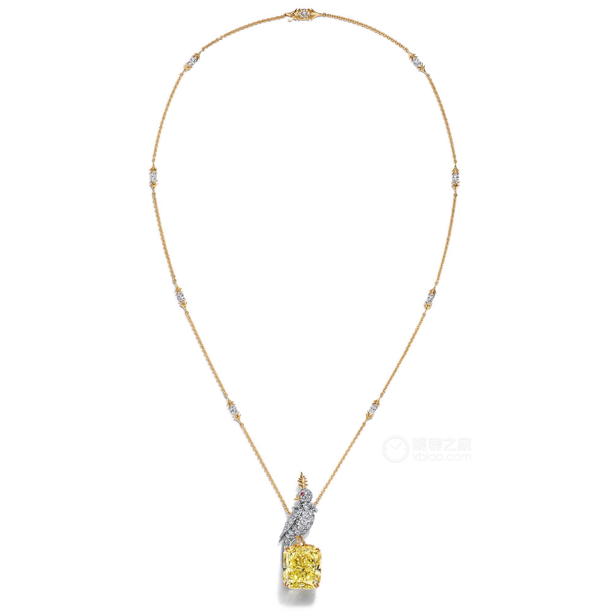蒂芙尼史隆伯杰系列铂金及18K黄金镶嵌一颗重逾28克拉的浓彩黄钻，粉色蓝宝石及钻石“石上鸟”项链项链
