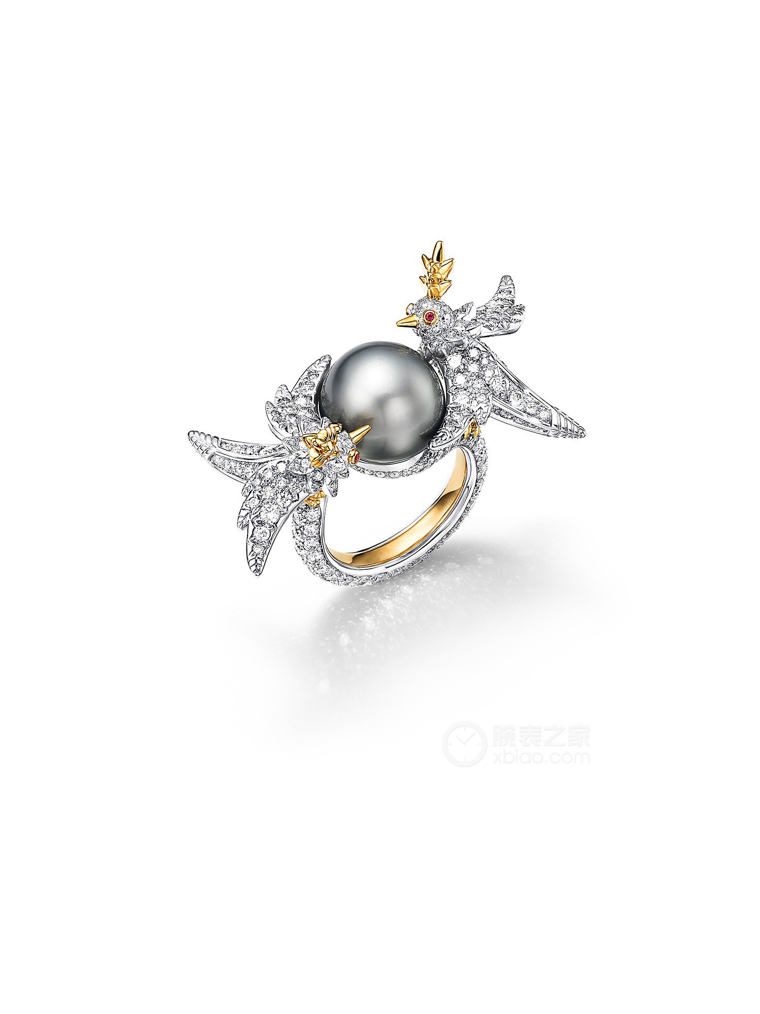 蒂芙尼史隆伯杰系列铂金及黄金镶嵌灰色纽扣形天然野生珍珠，灰色钻石，钻石及红宝石戒指戒指