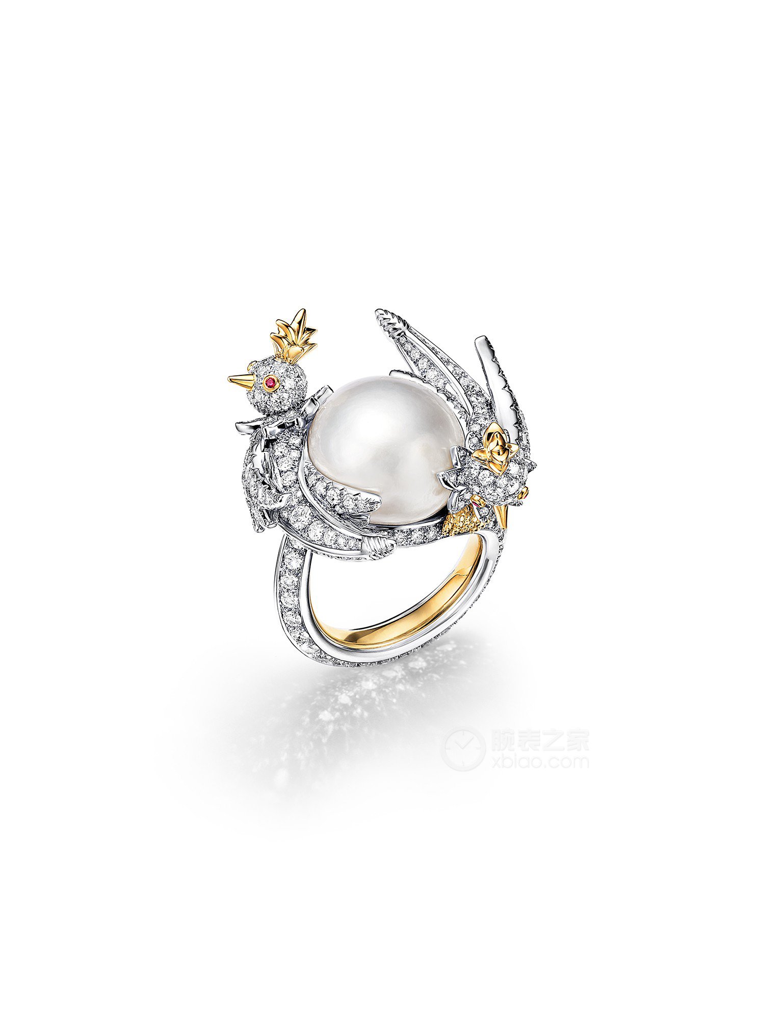 蒂芙尼史隆伯杰系列铂金及黄金镶嵌白色纽扣形天然野生珍珠，钻石及红宝石戒指戒指