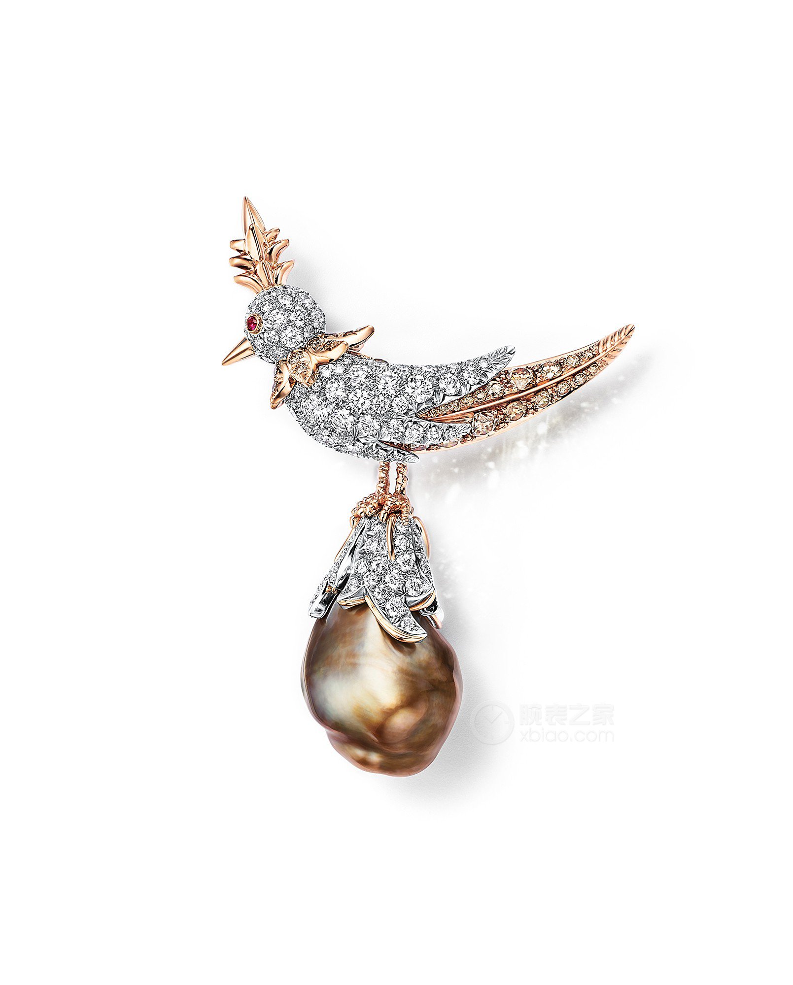 蒂芙尼史隆伯杰系列18K玫瑰金及铂金镶嵌香槟色巴洛克天然野生珍珠，香槟色钻石，钻石及红宝石胸针胸针
