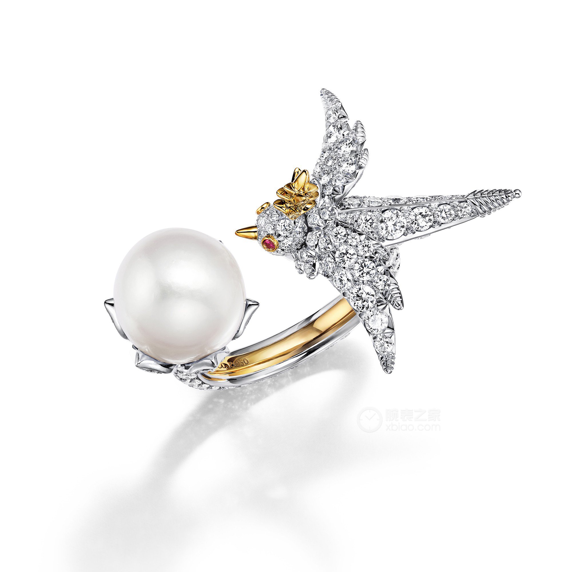 蒂芙尼史隆伯杰系列18K黄金及铂金镶嵌白色纽扣形天然野生珍珠，钻石及红宝石戒指戒指