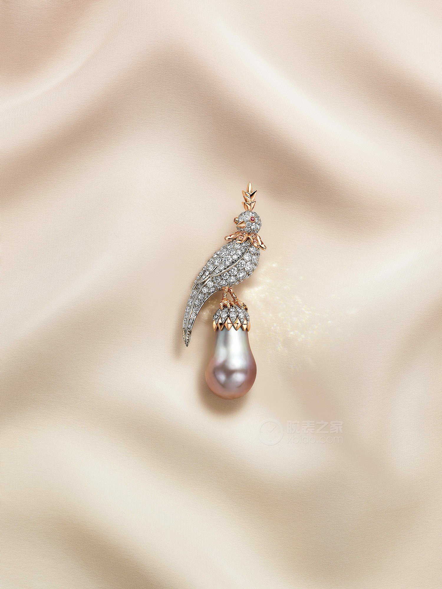 蒂芙尼史隆伯杰系列18K玫瑰金及铂金镶嵌浅灰色水滴形天然野生珍珠，香槟色钻石，钻石及红宝石胸针胸针