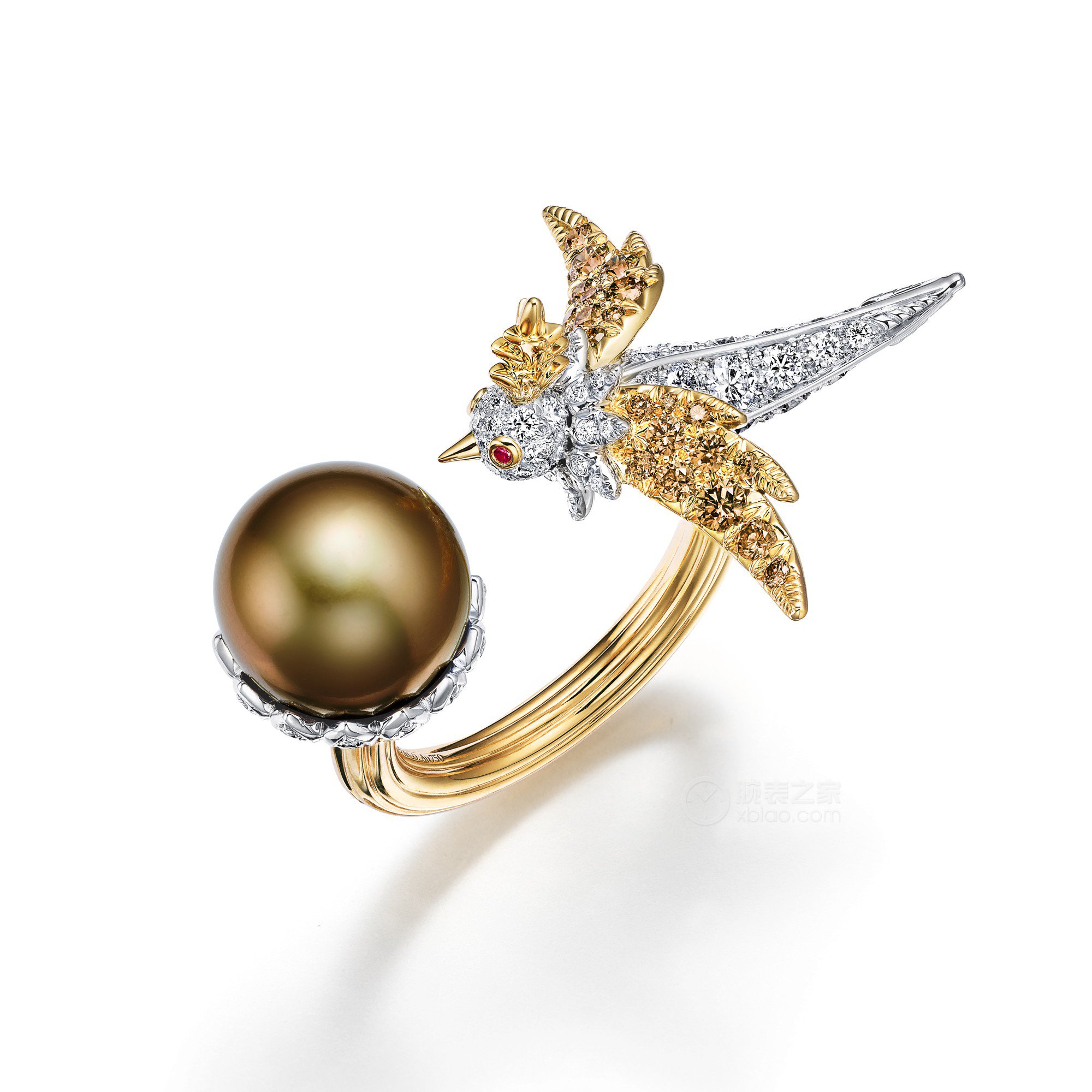 蒂芙尼史隆伯杰系列18K黄金及铂金镶嵌香槟色半巴洛克天然野生珍珠，香槟色钻石，钻石及红宝石戒指戒指