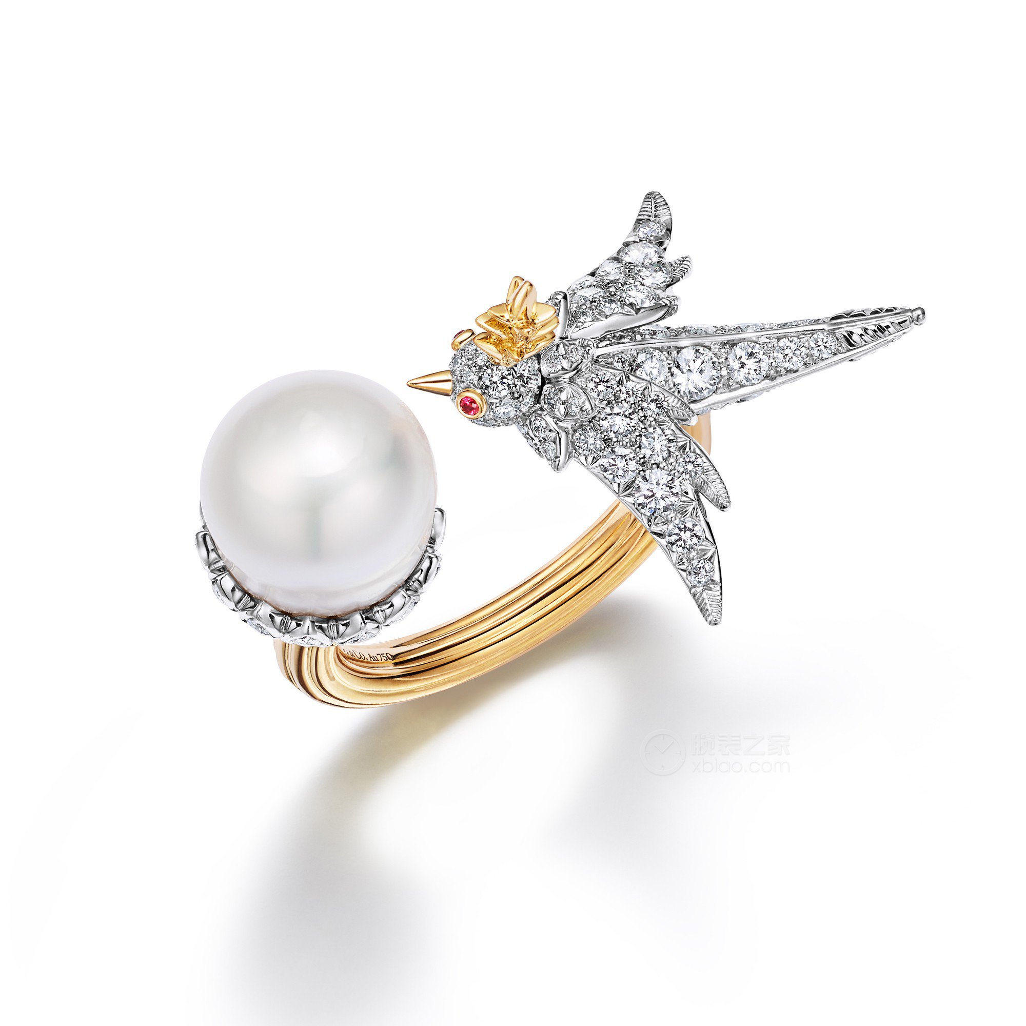 蒂芙尼史隆伯杰系列18K黄金及铂金镶嵌白色圆纽扣形天然野生珍珠，钻石及红宝石戒指戒指