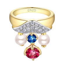 ENZO设计师系列TUILERIES BY OMAR OMAR杜乐丽花园 18K金镶珍珠红碧玺及伦敦蓝托帕石戒指