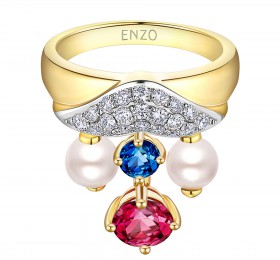 ENZO 18K金镶珍珠红碧玺及伦敦蓝托帕石戒指 戒指