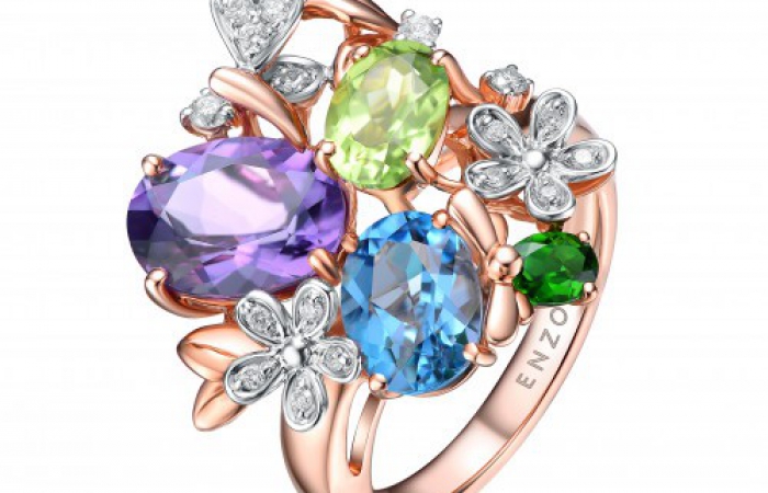 ENZO彩宝系列RAINBOW 彩虹系列18K金镶托帕石透辉石紫晶橄榄石及钻石戒指