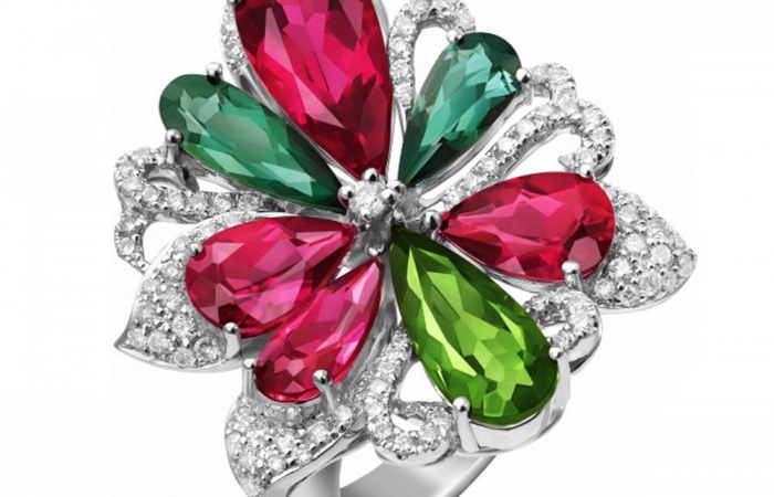 ENZO HIGH JEWELRY 高级珠宝系列18K白金镶红绿碧玺和钻石戒指