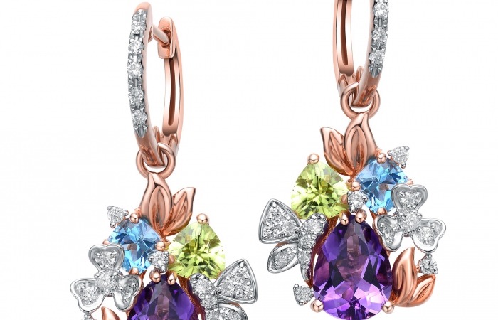 ENZO彩宝系列RAINBOW 彩虹系列18K金镶托帕石紫晶橄榄石钻石耳坠