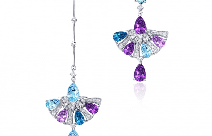 ENZO彩宝系列RAINBOW 彩虹系列Peplum舞裙系列18K白金镶钻石及多彩宝石耳饰