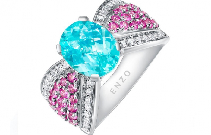 ENZO设计师系列PARAIBA帕拉伊巴系列18K白金镶帕拉伊巴碧玺、白色蓝宝石及粉色蓝宝石戒指