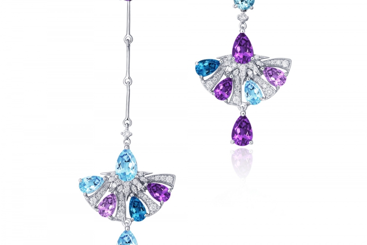 ENZO彩宝系列RAINBOW 彩虹系列Peplum舞裙系列18K白金镶钻石及多彩宝石耳饰