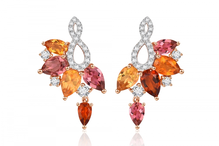 ENZO彩宝系列RAINBOW 彩虹系列Peplum舞裙系列18K玫瑰金镶黄晶碧玺白托帕及钻石耳环