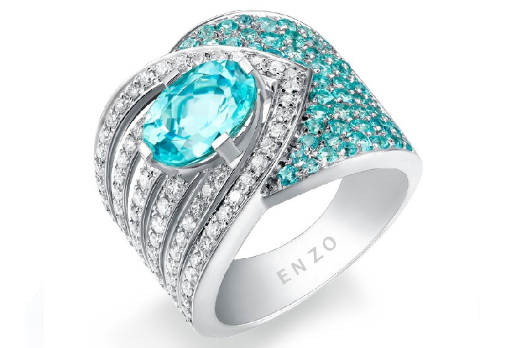 ENZO设计师系列PARAIBA帕拉伊巴系列118K白金镶帕拉伊巴碧玺及白色蓝宝石戒指