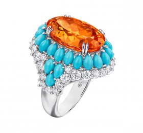 海瑞温斯顿Winston Candy高级珠宝系列浓橙色石榴石配绿松石和钻石戒指 戒指