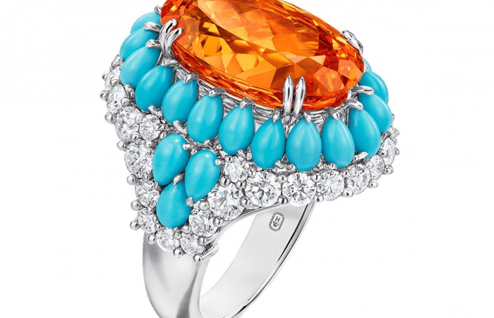 海瑞温斯顿Winston Candy高级珠宝系列浓橙色石榴石配绿松石和钻石戒指