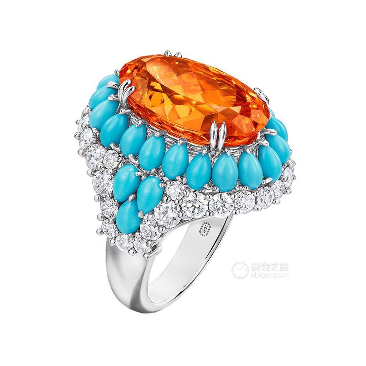 海瑞温斯顿Winston Candy高级珠宝系列浓橙色石榴石配绿松石和钻石戒指戒指