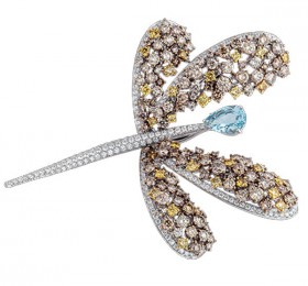 玳美雅ANIMALIA白金蜻蜓胸针镶白色钻石、棕色钻石和彩钻及海蓝宝石 胸针