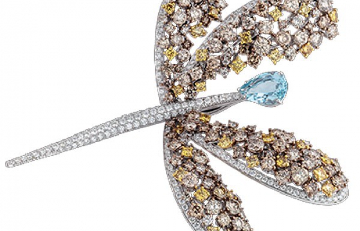 玳美雅ANIMALIA白金蜻蜓胸针镶白色钻石、棕色钻石和彩钻及海蓝宝石
