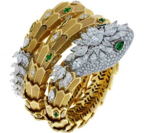 宝格丽SERPENTI SERPENTI高级珠宝系列白金及黄金镶祖母绿钻石手镯 手镯